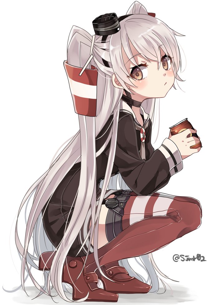 1girl amatsukaze_(kantai_collection) artist_name blush brown_dress brown_eyes can choker closed_mouth dress from_side full_body garter_straps hat headband holding holding_can kantai_collection long_hair long_sleeves looking_at_viewer red_legwear rudder_shoes sailor_dress shadow shijima_(sjmr02) shiny shiny_hair shoes silver_hair simple_background smokestack soda_can solo squatting striped striped_legwear thigh-highs twintails twitter_username very_long_hair white_background