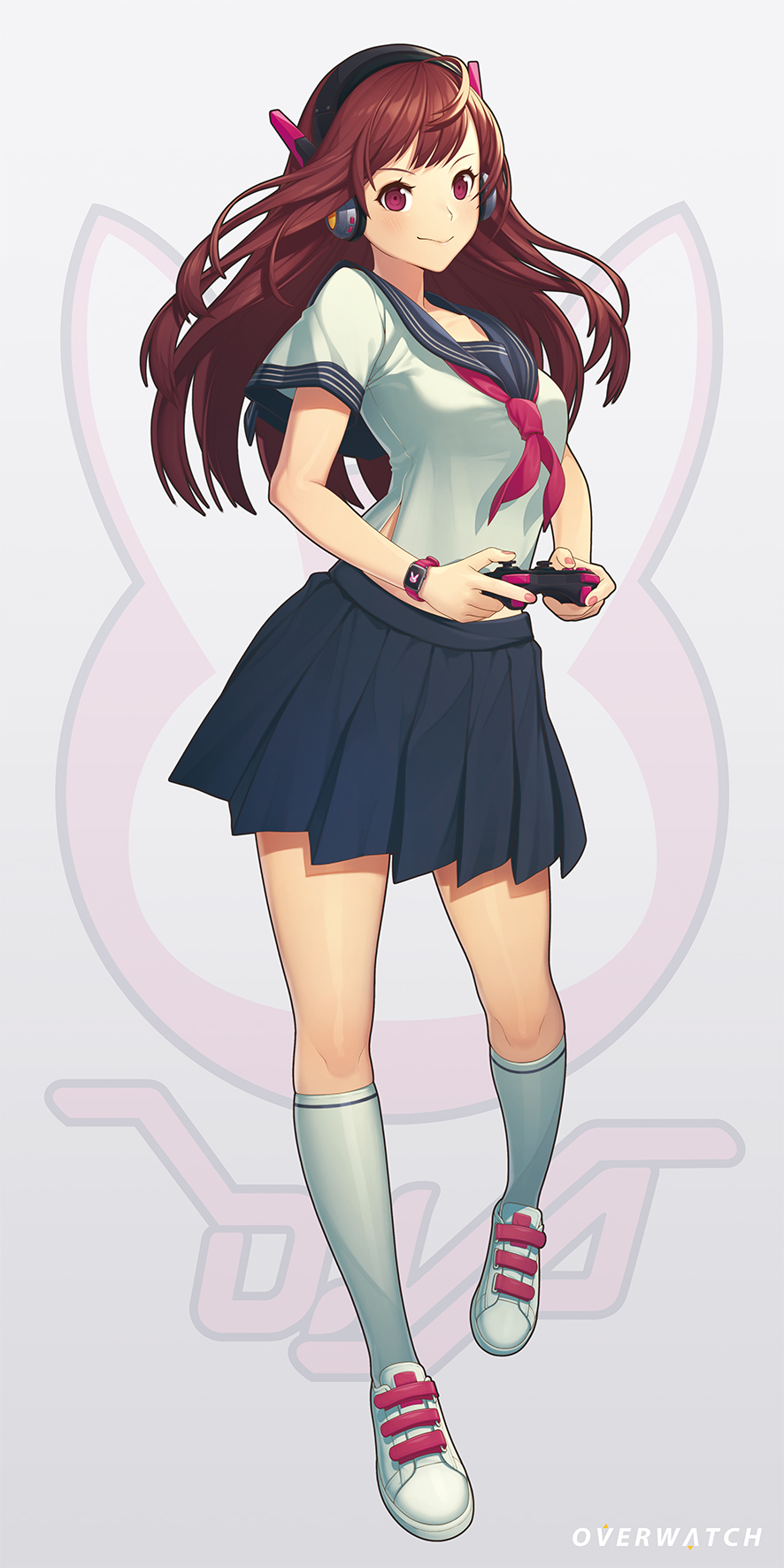 brown_eyes brown_hair d.va_(overwatch) long_hair overwatch seifuku