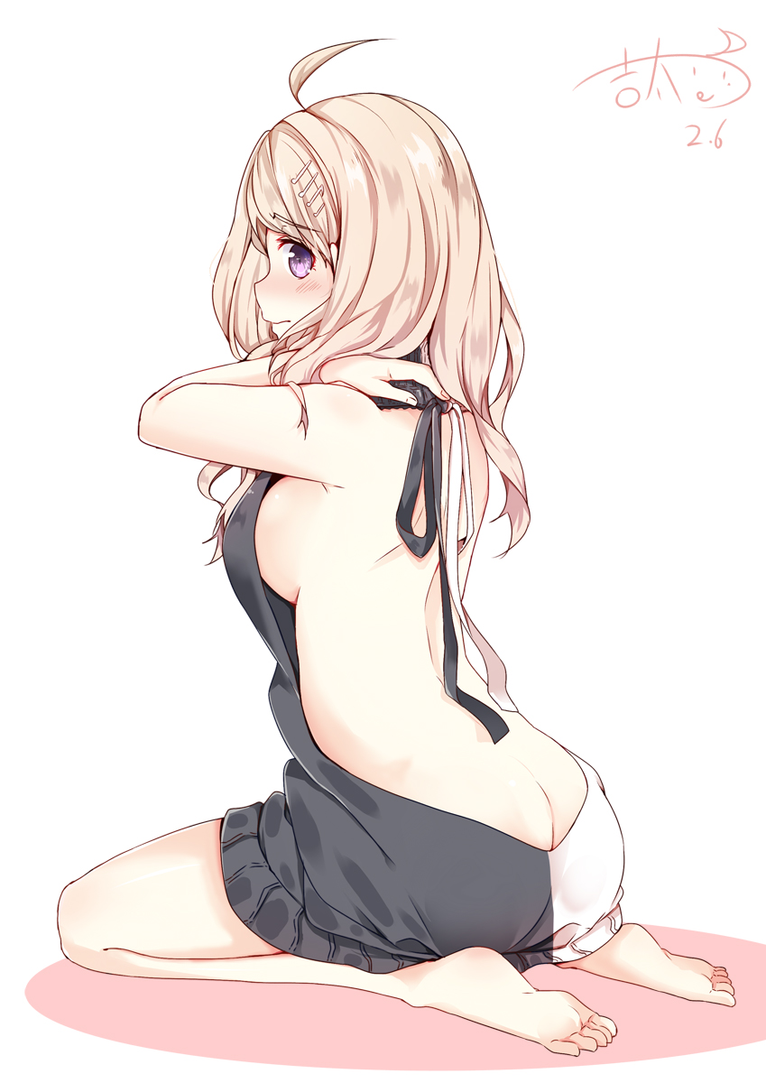 1girl ahoge akamatsu_kaede backless_outfit bangs bare_back bare_legs bare_shoulders barefoot blonde_hair blush breasts butt_crack closed_mouth crotchet dangan_ronpa dated dress eyebrows_visible_through_hair eyelashes feet from_behind full_body highres jitai long_hair looking_at_viewer medium_breasts musical_note musical_note_hair_ornament naked_sweater new_dangan_ronpa_v3 open-back_dress profile quaver ribbed_sweater ribbon signature solo sweater sweater_dress toes turtleneck turtleneck_sweater violet_eyes virgin_killer_sweater white_background