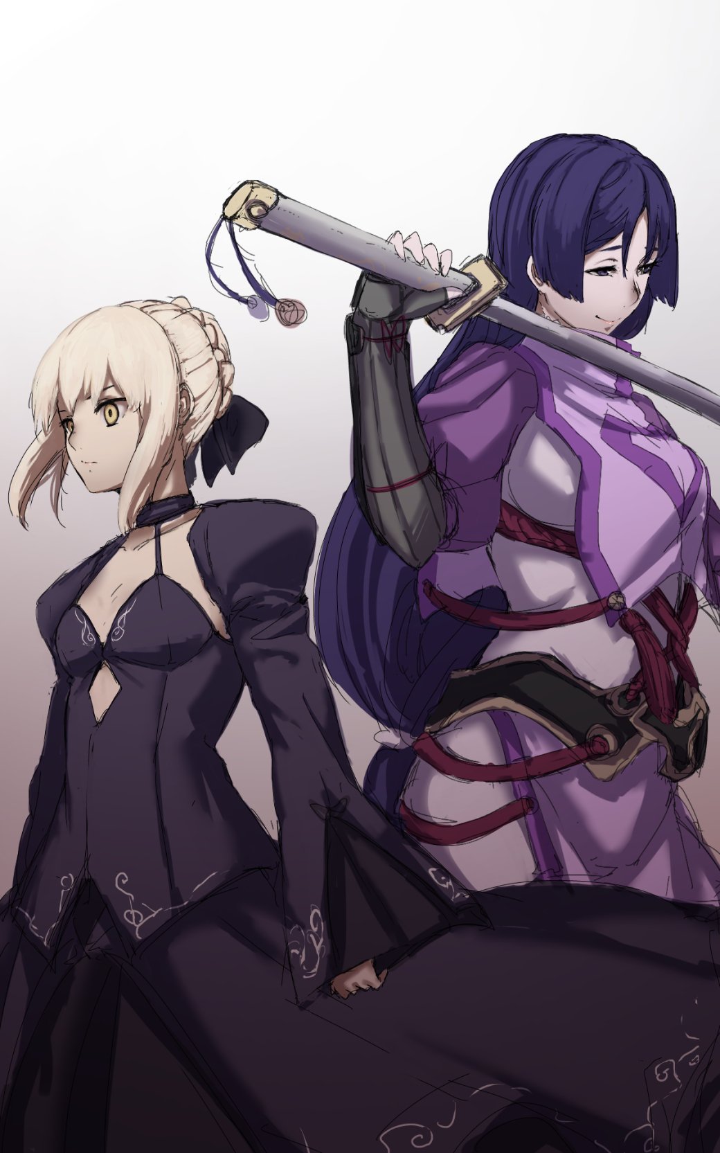 2girls arm_guards armor armored_dress black_dress black_gloves blonde_hair breasts choker closed_mouth collarbone commentary commentary_request cowboy_shot dress expressionless fate/grand_order fate_(series) fingerless_gloves gloves gradient gradient_background hair_bun hair_ornament hair_ribbon highres katana long_hair long_sleeves looking_away looking_to_the_side minamoto_no_raikou_(fate/grand_order) multiple_girls pale_skin puffy_sleeves purple_dress purple_hair ribbon saber saber_alter simple_background sketch small_breasts smile standing sword tabard tassel terimayo very_long_hair violet_eyes weapon white_background wide_sleeves yellow_eyes