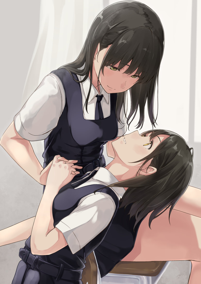 2girls bangs belt black_hair black_necktie blush breasts chair closed_mouth collared_shirt curtains dress eye_contact eyebrows_visible_through_hair green_eyes half-closed_eyes hands_together hiwatari_rin indoors interlocked_fingers legs_together light_smile long_hair looking_at_another medium_breasts multiple_girls necktie original parted_lips pinafore_dress school_uniform shirt short_sleeves sitting smile white_shirt window wing_collar yellow_eyes yuri