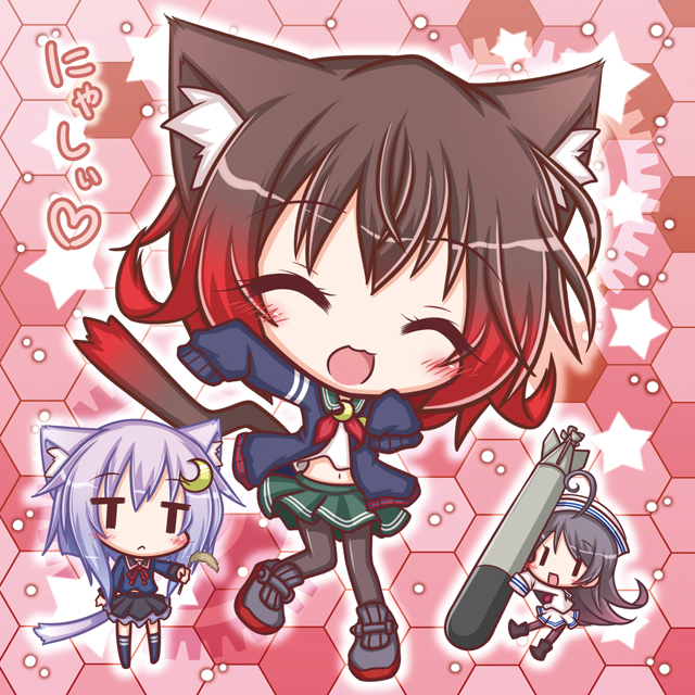 animal_ears cat_ears cat_tail crescent crescent_hair_ornament crescent_moon_pin fairy_(kantai_collection) hair_ornament kantai_collection lilywhite_lilyblack midriff mutsuki_(kantai_collection) navel pantyhose remodel_(kantai_collection) short_hair tail translated yayoi_(kantai_collection)