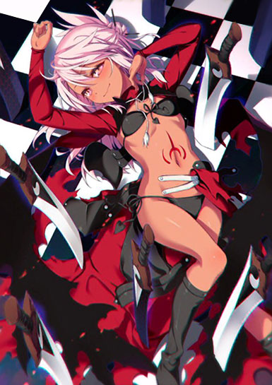 1girl archer archer_(cosplay) black_boots black_bra black_panties blush boots bra cape checkered checkered_floor chloe_von_einzbern cosplay dark_skin fate/grand_order fate/kaleid_liner_prisma_illya fate_(series) flat_chest from_above long_hair looking_at_viewer lying magical_girl on_back panties pink_eyes pink_hair side-tie_panties smile solo sword underwear weapon white_hair