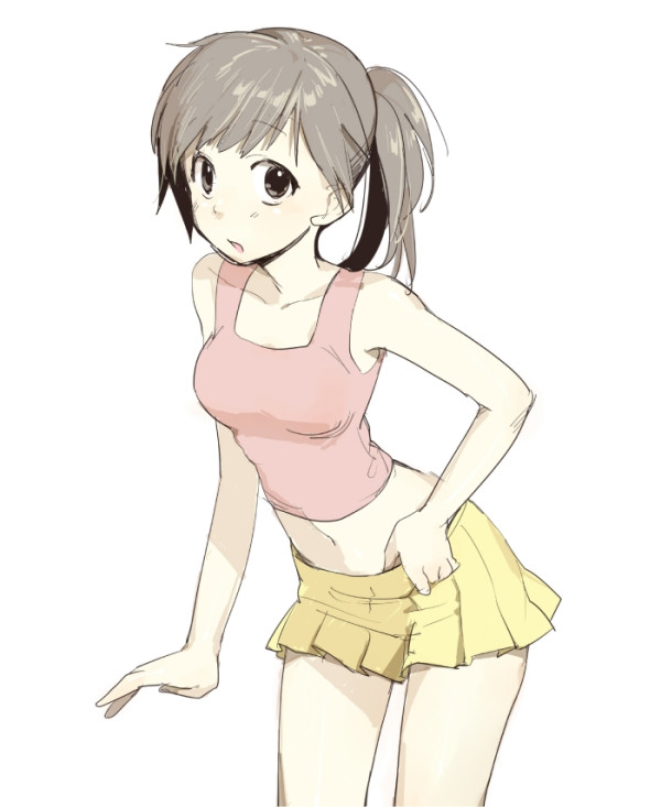 1girl adjusting_clothes adjusting_skirt brown_hair commentary_request kawai_makoto leaning_forward looking_at_viewer midriff miniskirt muted_color navel original pink_tank_top pleated_skirt ponytail short_hair simple_background skirt solo tank_top white_background yellow_skirt