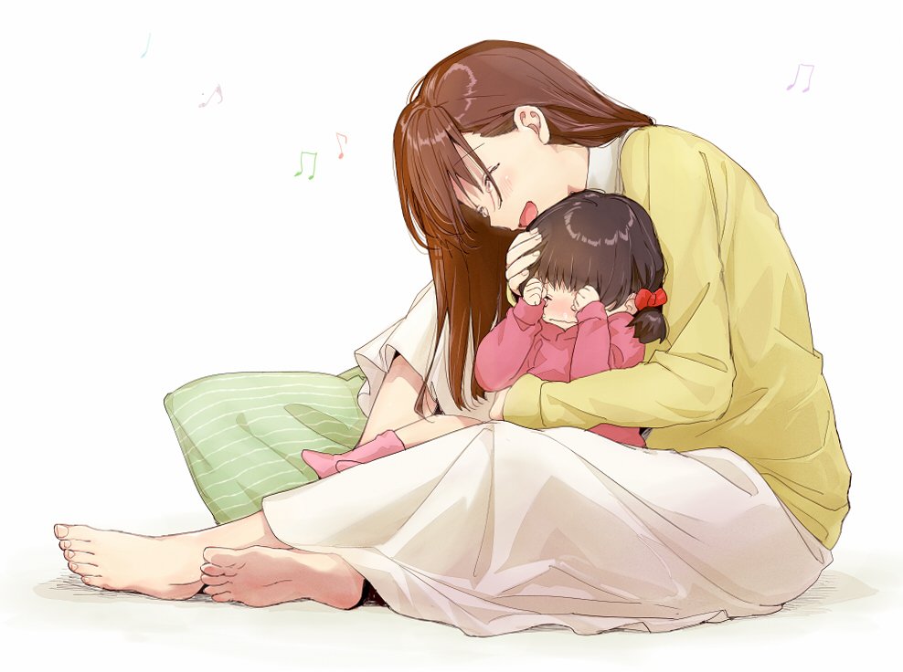 2girls age_difference barefoot beamed_quavers blush bow brown_hair child closed_eyes closed_mouth commentary_request crying eyebrows_visible_through_hair feet full_body hair_bow hand_on_another's_head kawai_makoto long_hair long_sleeves mature mother_and_daughter multiple_girls music musical_note open_mouth original pillow pink_jacket pink_legwear quaver red_bow shiny shiny_hair shirt short_hair short_twintails singing skirt sleeves_past_wrists socks tears twintails white_skirt wiping_tears yellow_shirt