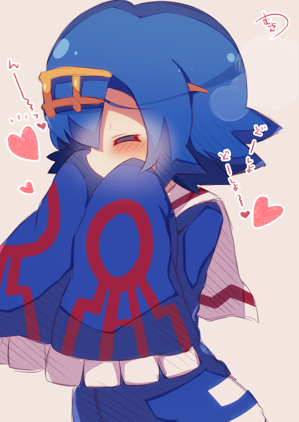 1girl blue_hair blush closed_eyes cosplay hairband heart highres kyogre kyogre_(cosplay) muuran pink_background pokemon pokemon_(game) pokemon_sm short_hair simple_background sketch sleeves_past_wrists solo suiren_(pokemon) translation_request trial_captain