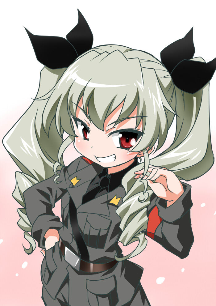 1girl akou_roushi anchovy bangs belt black_necktie black_ribbon black_shirt commentary dress_shirt drill_hair girls_und_panzer gradient gradient_background green_hair grey_jacket grey_pants grin hair_ribbon hand_on_hip long_hair long_sleeves looking_at_viewer military military_uniform necktie pants pink_background playing_with_own_hair red_eyes ribbon shirt shoulder_belt smile solo standing twin_drills twintails twintails_day uniform upper_body