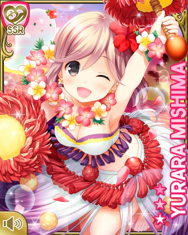 1girl ;d artist_request blonde_hair character_name earrings flower girlfriend_(kari) grass_skirt grey_eyes hair_flower hair_ornament hibiscus hula jewelry lei mishima_yurara one_eye_closed open_mouth palm_tree petals shirt skirt smile solo sunlight tank_top tree winking