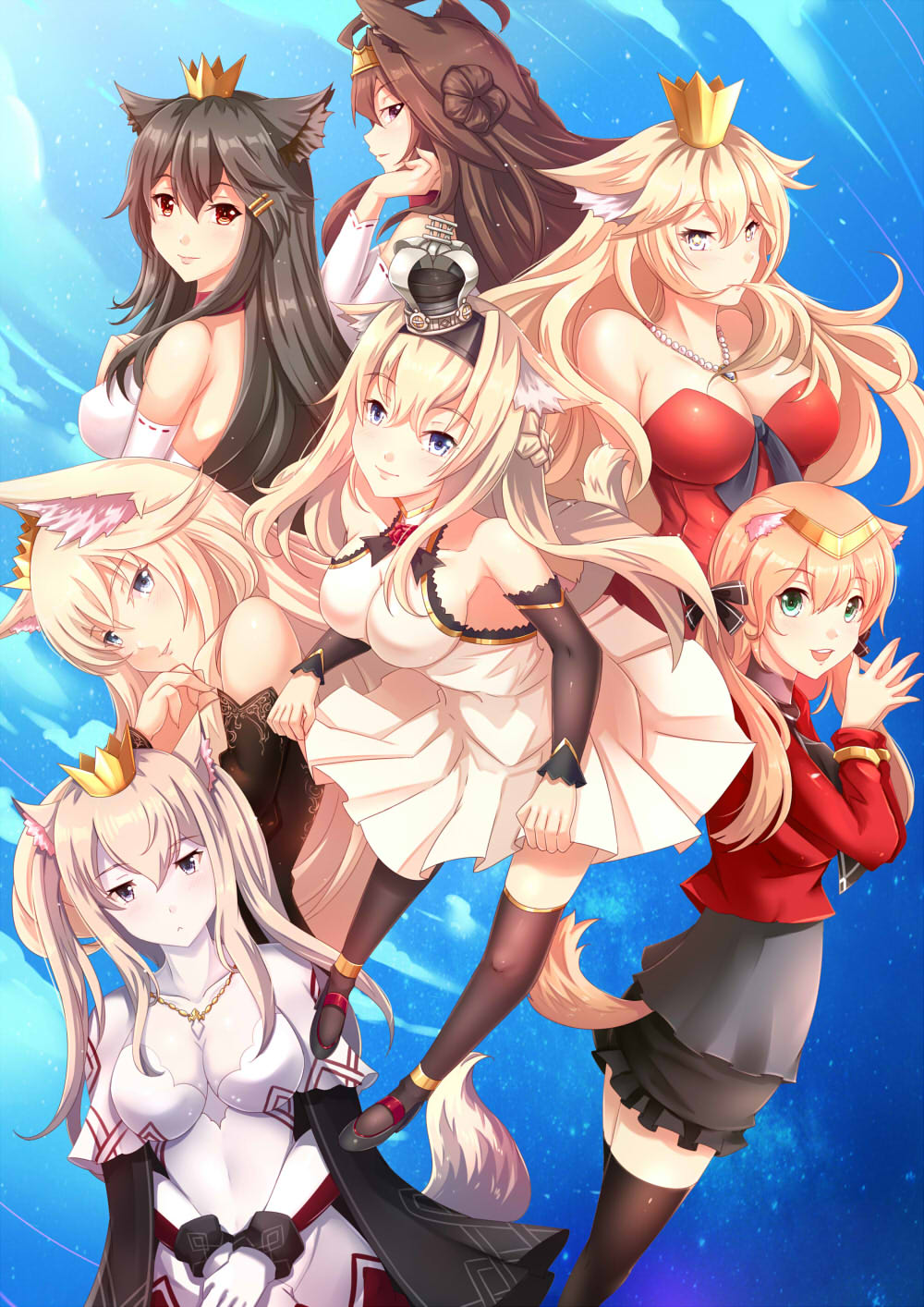 6+girls aata1007 adapted_costume animal_ears bangs bare_shoulders bead_necklace beads between_breasts bismarck_(kantai_collection) black_hair black_legwear black_ribbon blonde_hair blue_background blue_eyes braid breasts brown_hair cape cat_ears cat_tail choker cleavage closed_mouth collarbone crown detached_sleeves dog_ears dog_tail dress eyebrows_visible_through_hair graf_zeppelin_(kantai_collection) green_eyes grey_eyes hair_between_eyes hair_in_mouth hair_ornament hair_ribbon hairband hairclip haruna_(kantai_collection) highres iowa_(kantai_collection) jewelry kantai_collection kemonomimi_mode kongou_(kantai_collection) large_breasts leaning_forward long_hair long_sleeves looking_at_viewer medium_breasts mouth_hold multiple_girls necklace own_hands_together pale_skin pearl_necklace pendant pigeon-toed prinz_eugen_(kantai_collection) profile projected_inset red_dress red_eyes ribbon ribbon-trimmed_sleeves ribbon_trim short_dress sidelocks skirt_hold sleeveless sleeveless_dress smile spread_fingers standing star star-shaped_pupils strapless strapless_dress symbol-shaped_pupils tail thigh-highs twintails warspite_(kantai_collection) white_dress zettai_ryouiki