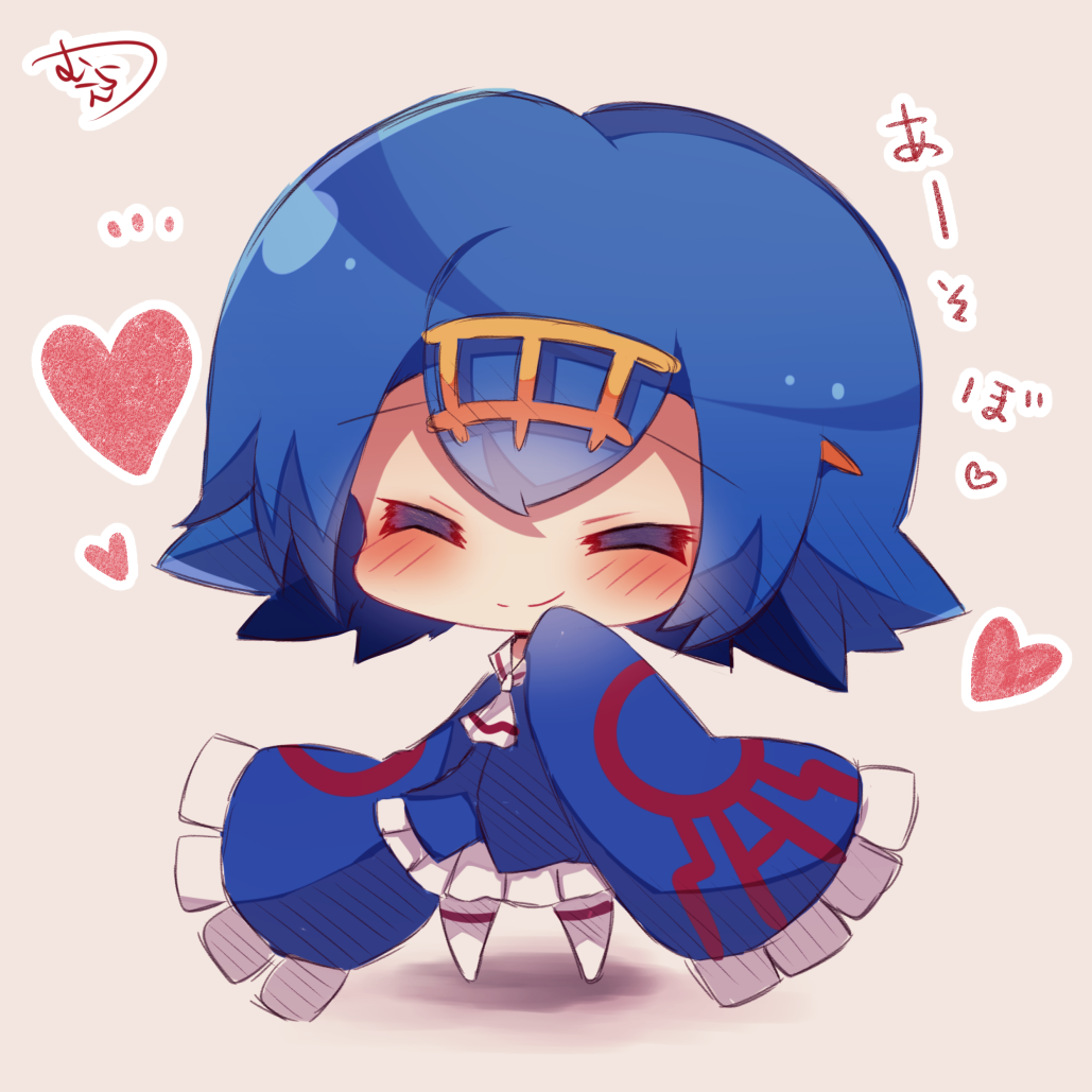 1girl ^_^ blue_hair blush chibi closed_eyes cosplay hairband heart kyogre kyogre_(cosplay) muuran pink_background pokemon pokemon_(game) pokemon_sm short_hair simple_background sketch sleeves_past_wrists smile solo standing suiren_(pokemon) trial_captain wide_sleeves