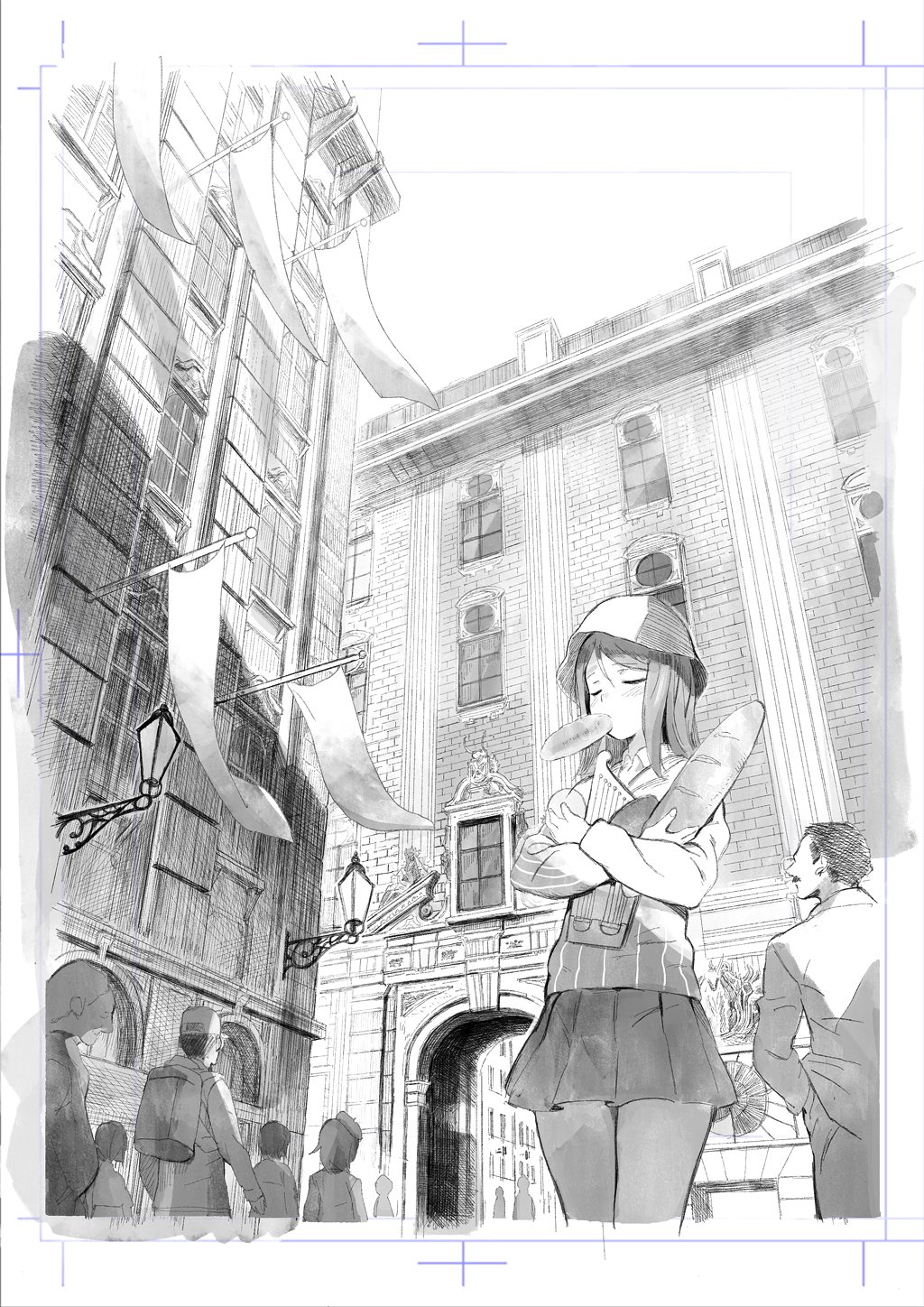 1girl arch architecture baguette banner bread building city closed_eyes cowboy_shot crowd eyebrows_visible_through_hair food food_in_mouth girls_und_panzer greyscale hair_between_eyes hat highres instrument kantele ladic lamp long_hair long_sleeves mika_(girls_und_panzer) monochrome object_hug outdoors shirt skirt solo_focus striped striped_shirt window work_in_progress