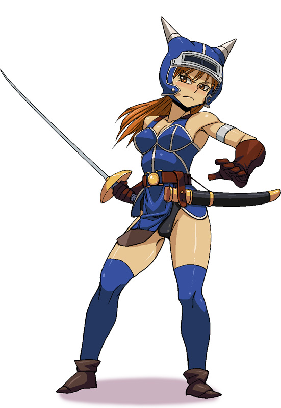 1girl armlet armor bare_shoulders belt blush breasts brown_eyes brown_gloves brown_hair cleavage daisy_(dq) dragon_quest dragon_quest_yuusha_abel_densetsu full_body gloves helmet horned_helmet long_hair panties ryunryun short_hair simple_background solo sword thigh-highs underwear weapon