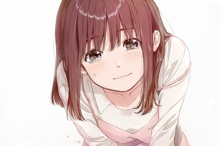 1girl apron black_eyes blush brown_hair closed_mouth collared_shirt commentary_request crying crying_with_eyes_open eyebrows_visible_through_hair kawai_makoto leaning_forward long_hair long_sleeves looking_at_viewer original pink_apron shirt simple_background solo teardrop tears upper_body white_background white_shirt wing_collar