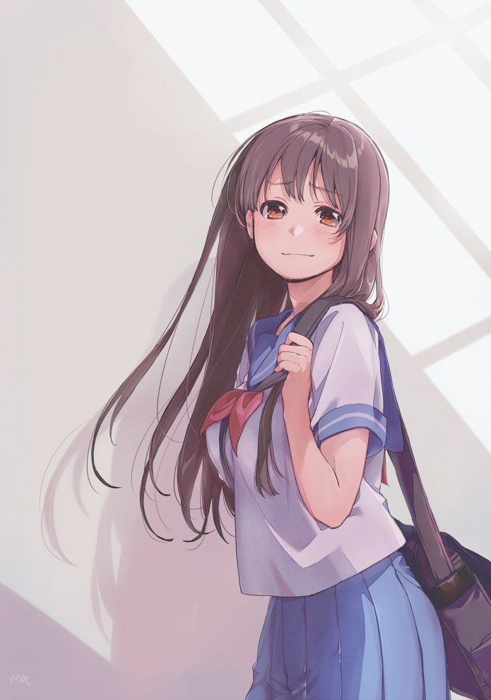 :3 bag blouse blue_sailor_collar blue_skirt brown_eyes brown_hair closed_mouth eyebrows_visible_through_hair from_side kawai_makoto long_hair looking_at_viewer neckerchief original pleated_skirt red_neckerchief sailor_collar school_uniform serafuku shadow shiny shiny_hair short_sleeves shoulder_bag skirt standing strap_cleavage white_blouse