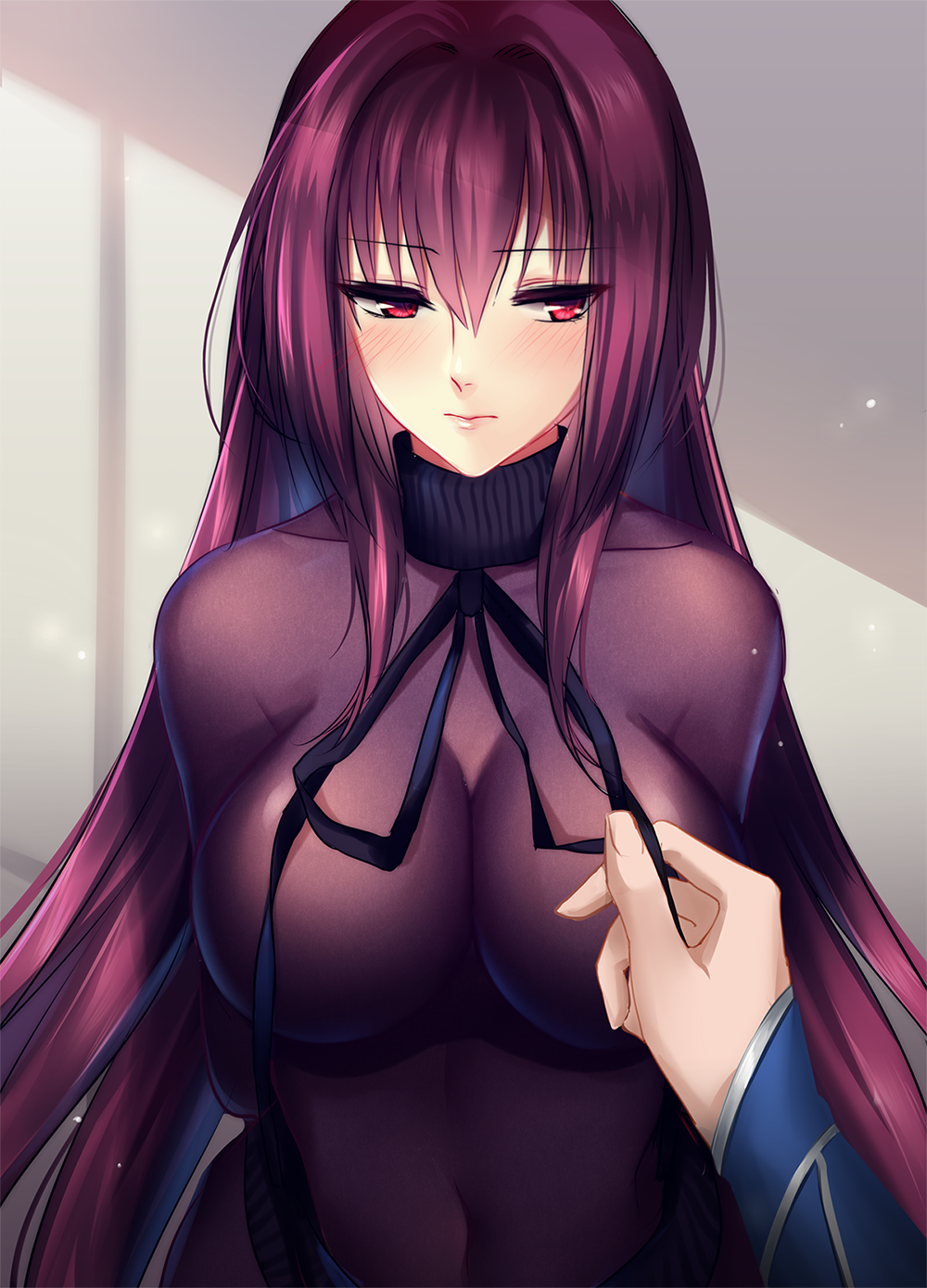 1girl blush bodysuit breasts covered_navel cu_chulainn_(fate/grand_order) dress fate/grand_order fate_(series) highres lancer large_breasts long_hair looking_away meaomao purple_bodysuit purple_hair red_eyes ribbed_sweater scathach_(fate/grand_order) solo_focus sweater sweater_dress turtleneck turtleneck_sweater type-moon upper_body virgin_killer_sweater wardrobe_error