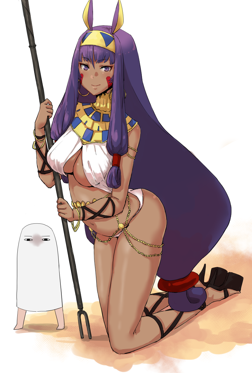 1girl ass blush breasts cleavage dark_skin earrings egyptian_clothes fate/grand_order fate_(series) go-m high_heels highres holding holding_staff jackal_ears jewelry kneeling long_hair looking_at_viewer medjed navel nitocris_(fate/grand_order) purple_hair smile staff violet_eyes