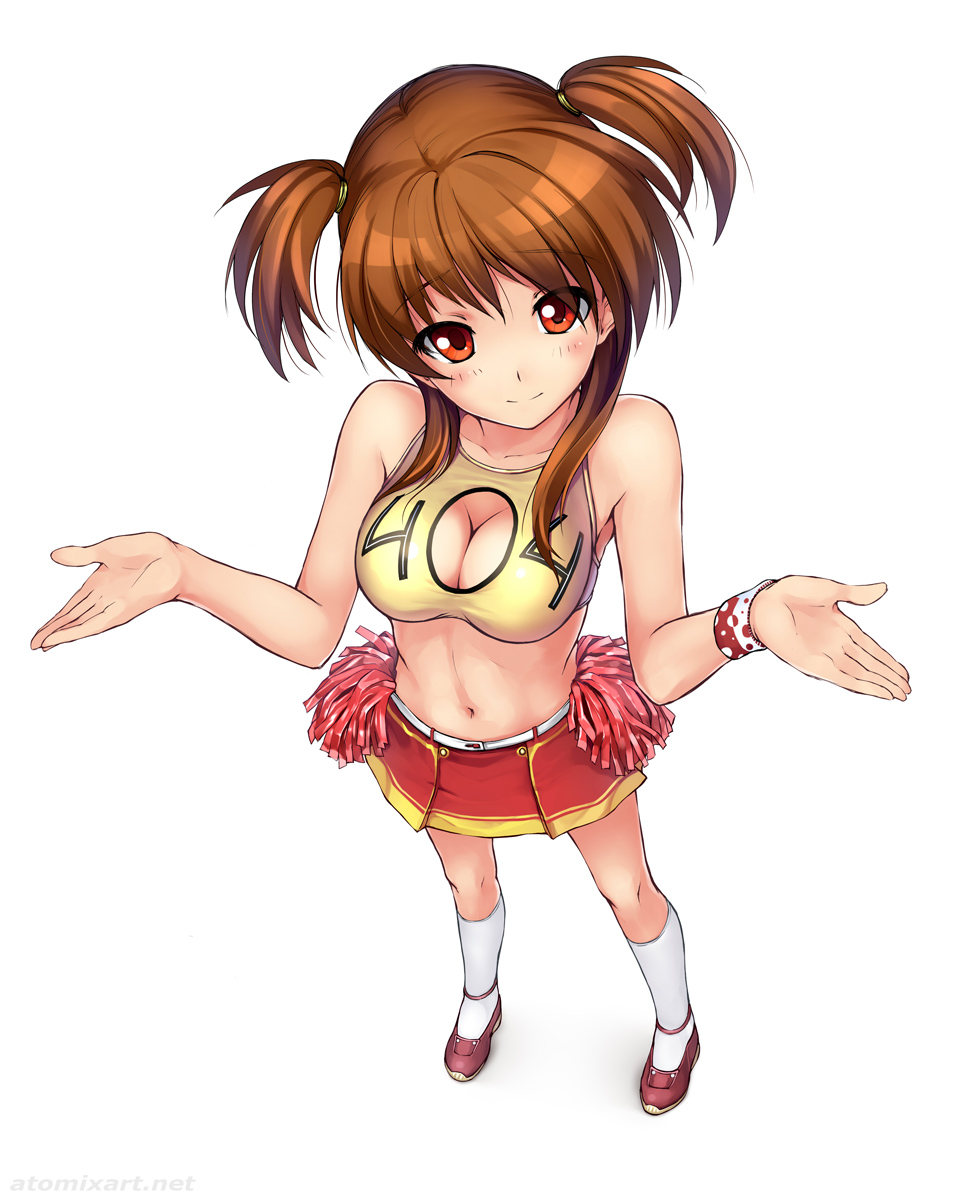 1girl 404 atomix bare_shoulders breasts brown_hair cleavage cleavage_cutout deviantart_sample foreshortening from_above hands highres http_status_code image_sample kneehighs long_hair looking_at_viewer medium_breasts midriff navel original personification red_eyes revision short_hair short_twintails shrug simple_background skirt solo standing twintails white_background