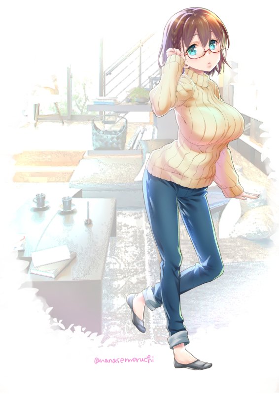 1girl ai-chan_(tawawa) blush book braid breasts brown_hair couch cup denim full_body getsuyoubi_no_tawawa glasses green_eyes hair_ornament hand_on_glasses indoors jeans large_breasts living_room looking_at_viewer nanase_meruchi pants pillow ribbed_sweater shirt short_hair side_braid signature solo stairs sweater table turtleneck turtleneck_sweater