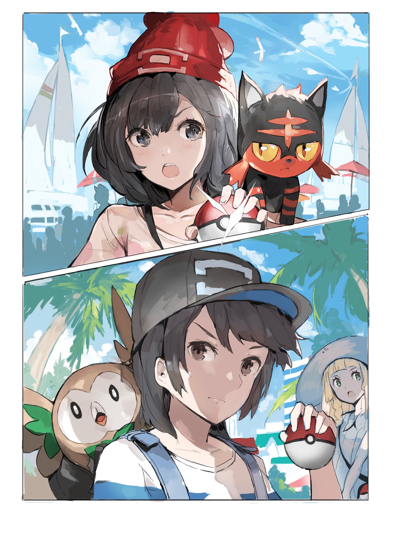 &gt;:o 1boy 1girl 2koma :o andrian_gilang bag baseball_cap beanie black_eyes black_hair closed_mouth clouds comic day face female_protagonist_(pokemon_sm) floral_print green_eyes hat highres holding holding_poke_ball lillie_(pokemon) litten male_protagonist_(pokemon_sm) on_shoulder open_mouth poke_ball pokemon pokemon_(creature) pokemon_(game) pokemon_sm rowlet shirt short_hair short_sleeves simple_background sky striped striped_shirt sun_hat tree white_background
