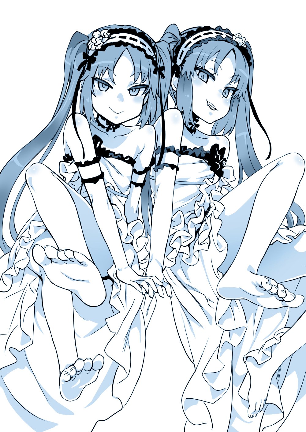 2girls arm_garter asanagi bare_shoulders barefoot dress euryale fate/hollow_ataraxia fate_(series) feet grin hairband highres lolita_hairband long_hair looking_at_viewer monochrome multiple_girls siblings simple_background sisters sleeveless sleeveless_dress smile smirk soles stheno teeth toenails toes twintails white_background