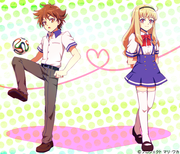 1boy 1girl :o ahoge akasata arms_behind_back ball belt blush brown_eyes brown_hair buttons clenched_hand collar collared_shirt copyright_name crossed_bangs eye_contact eyebrows eyelashes full_body gradient gradient_background hairband heart heart_of_string ichikawa_fuuta knee_up light_brown_hair loafers long_hair looking_at_another looking_to_the_side mary_janes mizuki_waka neck_ribbon open_mouth pants pleated_skirt pocket polka_dot polka_dot_background puffy_short_sleeves puffy_sleeves ribbon school_uniform shiny shiny_hair shirt shoe_soles shoes short_sleeves shy sidelocks skirt smile soccer_ball standing suspender_skirt suspenders thigh-highs time_travel_shoujo violet_eyes wavy_hair zettai_ryouiki