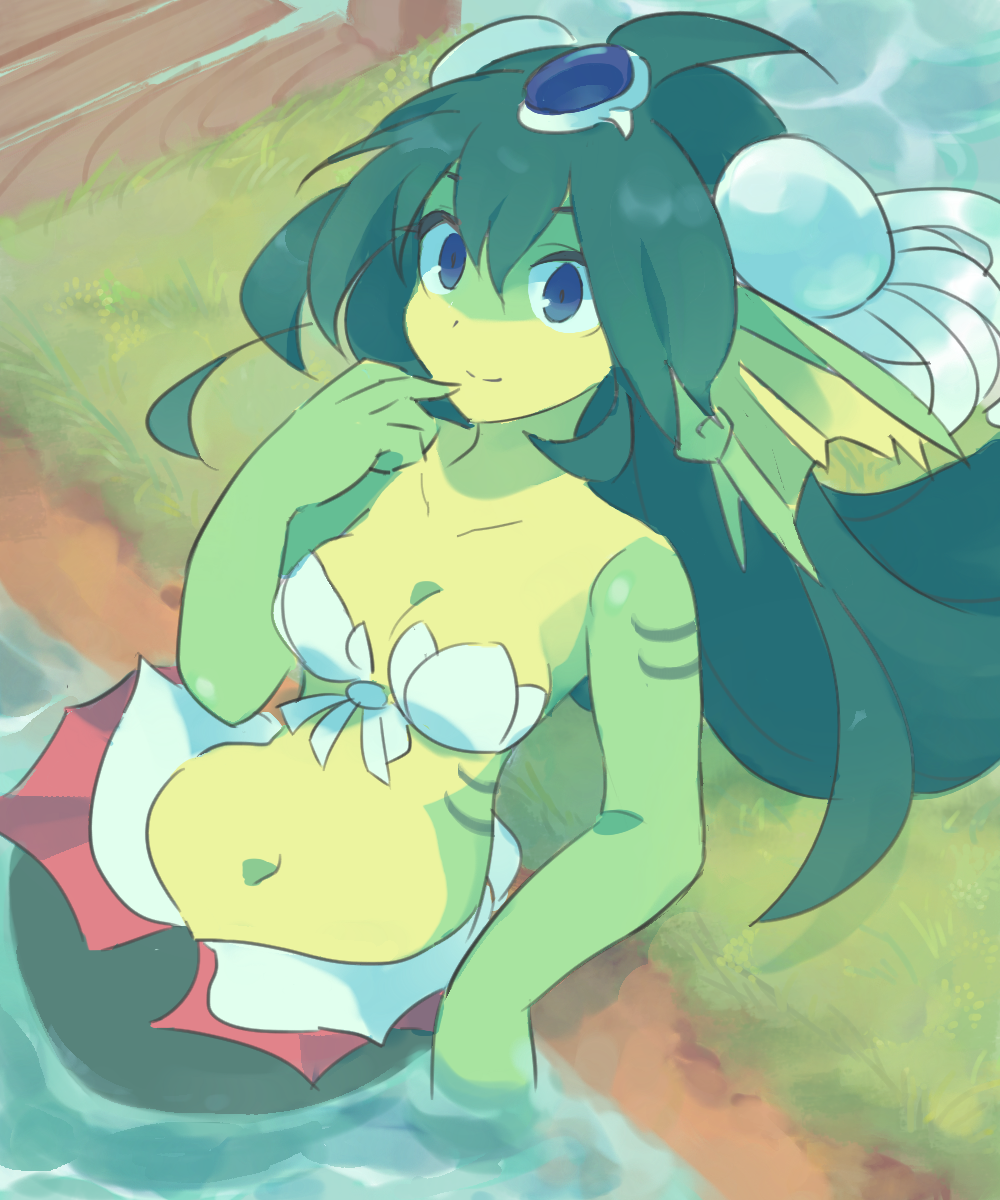 1girl bare_arms blue_eyes breasts bridge cleavage closed_mouth finger_to_mouth forehead_jewel from_above gem giantess giga_mermaid gills grass green_hair green_skin hair_ornament head_fins highres lake long_hair looking_at_viewer lying mermaid monster_girl navel on_back partially_submerged shantae shantae:_half-genie_hero shantae_(series) shell shell_bikini sitting smile solo water