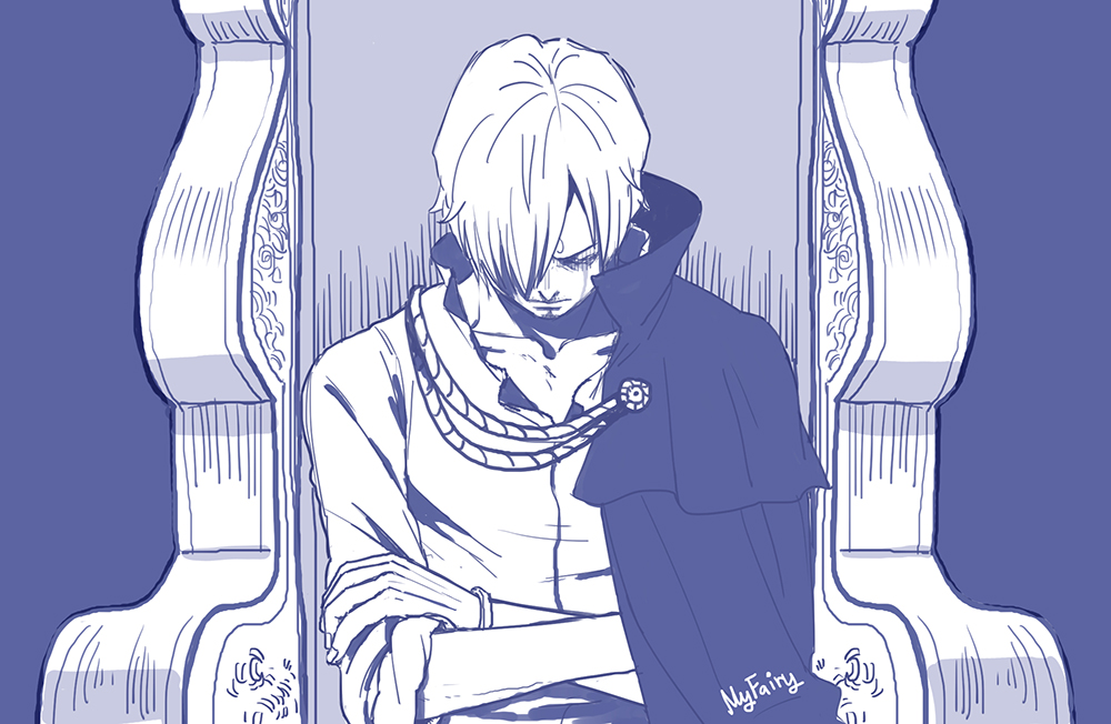 1boy cape closed_eyes closed_mouth collarbone crossed_arms crying facial_hair goatee hair_over_one_eye long_sleeves looking_down male_focus monochrome myfairy one_piece sanji sitting sleeves_rolled_up solo streaming_tears tears throne upper_body