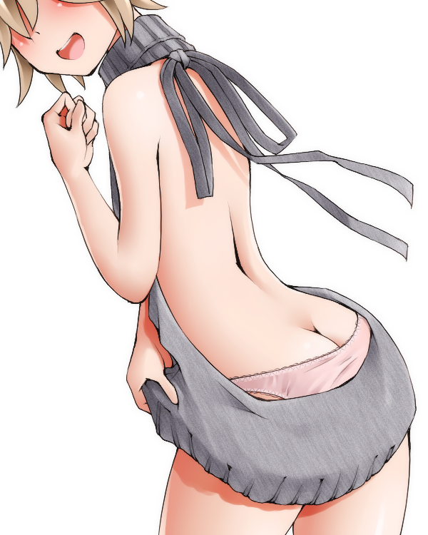 1boy :d ass back backless_outfit bare_back bare_shoulders blush brown_hair butt_crack dr_rex dress grey_sweater halterneck head_out_of_frame masamune-kun_no_revenge open-back_dress open_mouth panties pink_panties short_hair shuri_kojuurou simple_background smile solo sweater sweater_dress trap turtleneck turtleneck_sweater underwear virgin_killer_sweater white_background