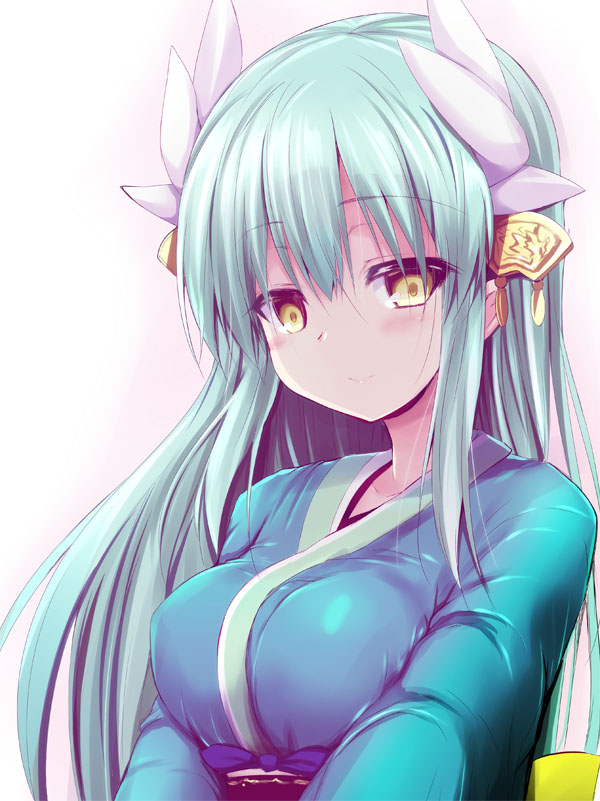 1girl bangs blush breasts closed_mouth commentary_request eyebrows_visible_through_hair fate/grand_order fate_(series) green_hair green_kimono hair_between_eyes hair_ornament half-closed_eyes japanese_clothes kimono kiyohime_(fate/grand_order) large_breasts long_hair looking_at_viewer sen_(astronomy) smile solo tsurime upper_body yellow_eyes