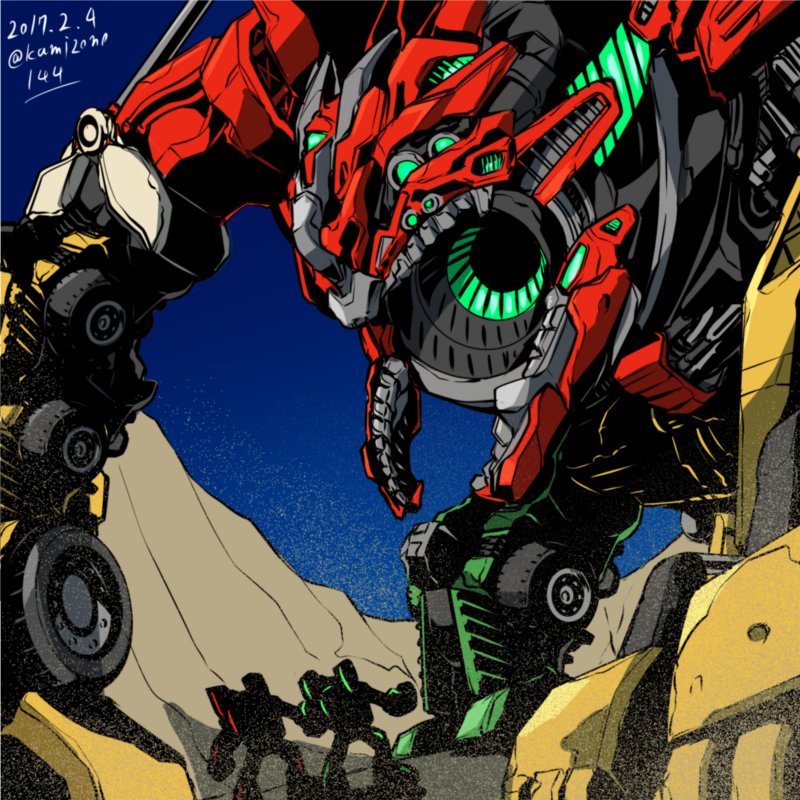 3boys autobot blue_sky decepticon devastator_(transformers) glowing glowing_eyes green_eyes kamizono_(spookyhouse) machine machinery mecha mudflap multiple_boys no_humans open_mouth robot skids_(transformers) sky transformers twitter_username