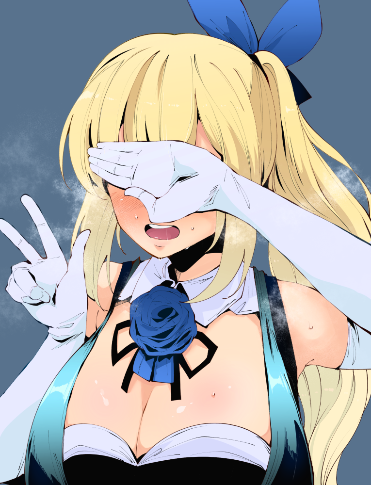 1girl :d blonde_hair blush breasts breath cleavage covering_face elbow_gloves gloves hair_ribbon long_hair mirai_akari mirai_akari_project open_mouth ribbon side_ponytail smile solo sweat takatoo_kurosuke teeth w white_gloves