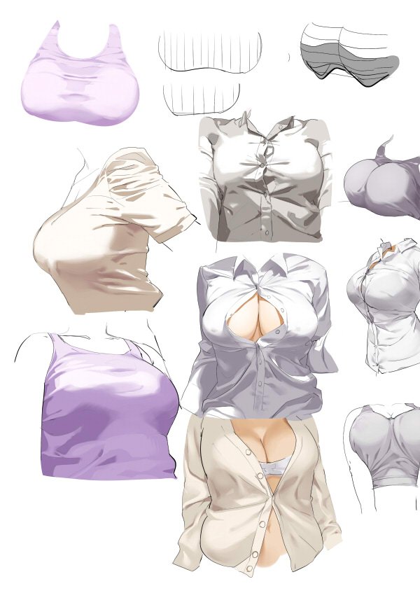 bra breast_squeeze breasts center_opening cleavage collared_shirt dress_shirt grey_shirt kaisen_chuui large_breasts long_sleeves original partially_unbuttoned popped_button shirt short_hair sketch skin_tight t-shirt tank_top torso underwear white_background white_bra white_shirt