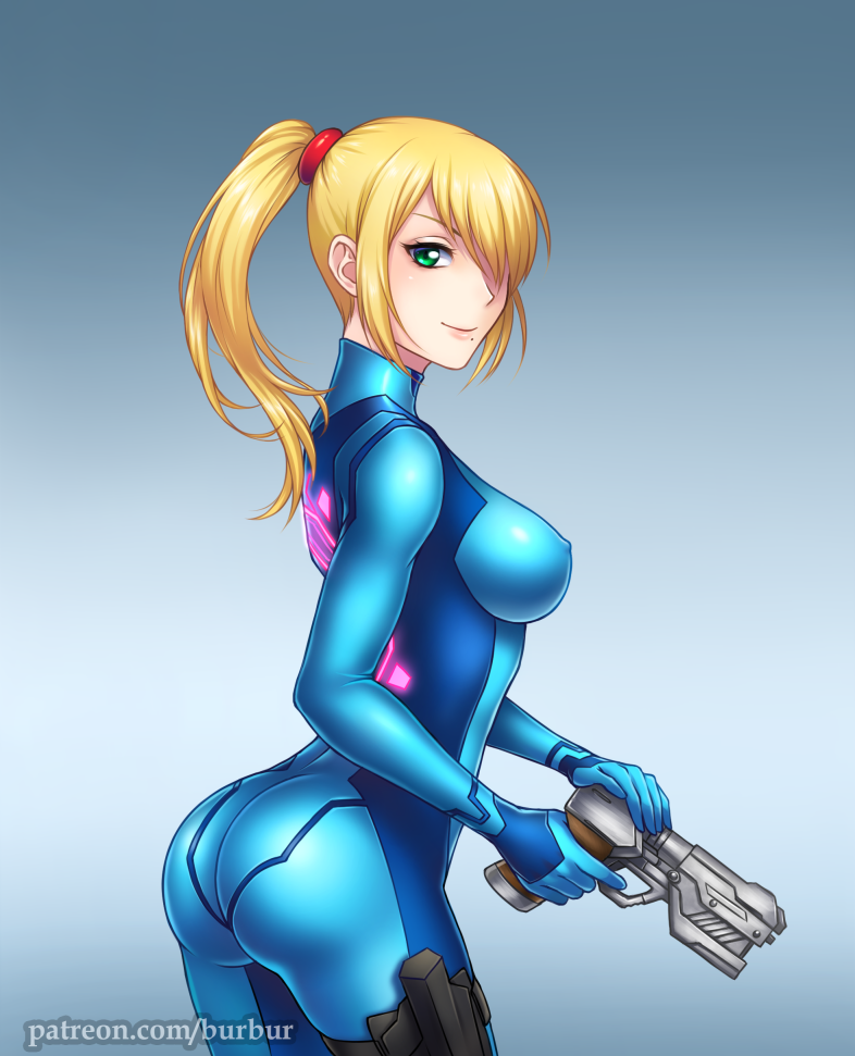 1girl ass bangs blonde_hair bodysuit breasts burbur butt_crack erect_nipples green_eyes gun huge_ass impossible_clothes large_breasts latex looking_at_viewer looking_back metroid mole mole_under_mouth nintendo patreon ponytail samus_aran shiny shiny_clothes sideboob skin_tight smile solo weapon zero_suit