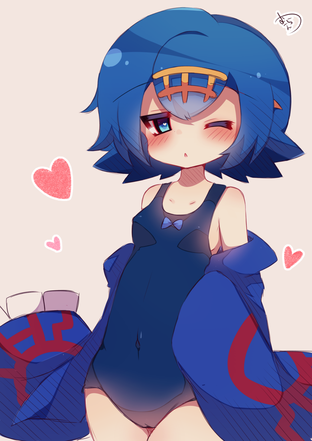 1girl ;o blue_eyes blue_hair blush cosplay covered_navel hairband heart heart-shaped_pupils highres kyogre kyogre_(cosplay) muuran one-piece_swimsuit one_eye_closed pink_background pokemon pokemon_(game) pokemon_sm short_hair simple_background solo suiren_(pokemon) swimsuit symbol-shaped_pupils trial_captain