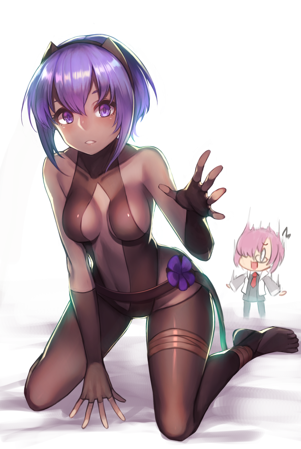 /\/\/\ 0_0 2girls ankle_wraps arm_support arms_at_sides assassin_(fate/prototype_fragments) bangs bare_shoulders belt black_dress black_gloves black_hairband black_legwear blank_eyes breasts center_opening chibi_inset collarbone dark_skin dress fate/grand_order fate/prototype fate/prototype:_fragments_of_blue_and_silver fate_(series) glasses gloves hair_between_eyes hair_over_one_eye hairband highres hrtyuk kneeling looking_at_viewer medium_breasts multiple_girls necktie no_shoes one_eye_covered open_hand open_mouth pantyhose parted_lips purple_hair reaching red_necktie shielder_(fate/grand_order) shiny shiny_clothes shiny_hair short_dress sideboob skin_tight solo_focus spread_fingers standing stomach surprised thigh_strap toeless_legwear violet_eyes white_background