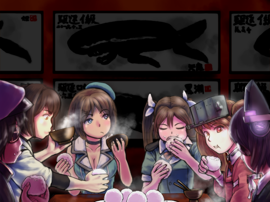 beret blue_eyes bowl breasts character_request chiko_(asimov2007) choker cleavage drinking eating eyepatch food food_in_mouth food_on_face hair_ribbon hat headgear hyuuga_(kantai_collection) japanese_clothes kantai_collection kariginu kiso_(kantai_collection) maya_(kantai_collection) medium_breasts onigiri purple_hair red_eyes ribbon ryuujou_(kantai_collection) soup steam table tenryuu_(kantai_collection) tone_(kantai_collection) twintails visor_cap
