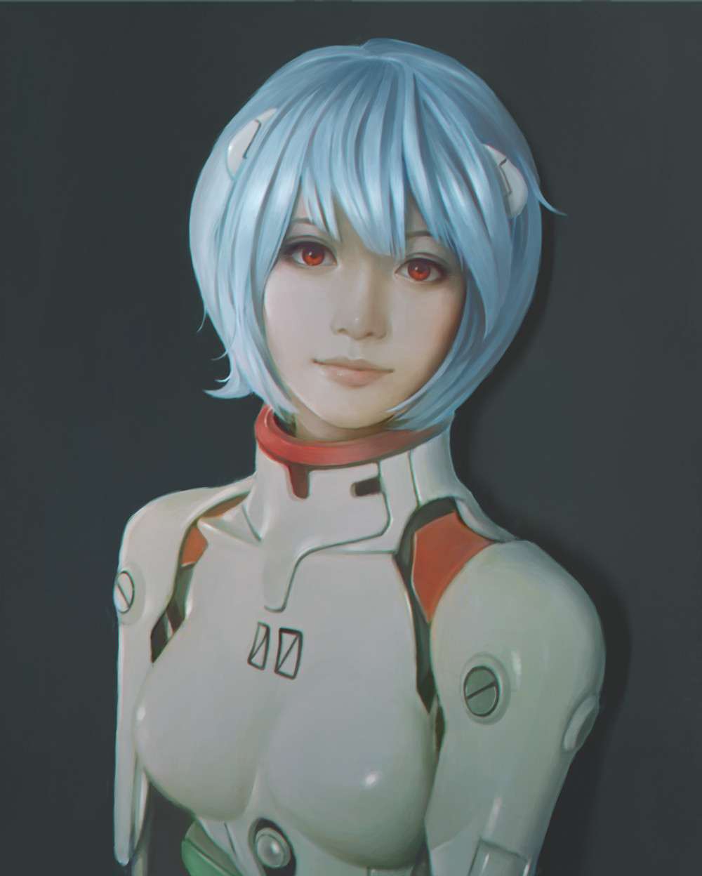 1girl ayanami_rei bangs black_background blue_hair bodysuit breasts hair_ornament highres jey_rain lips looking_at_viewer neon_genesis_evangelion number pilot_suit plugsuit realistic red_eyes shadow short_hair simple_background small_breasts solo turtleneck upper_body white_bodysuit