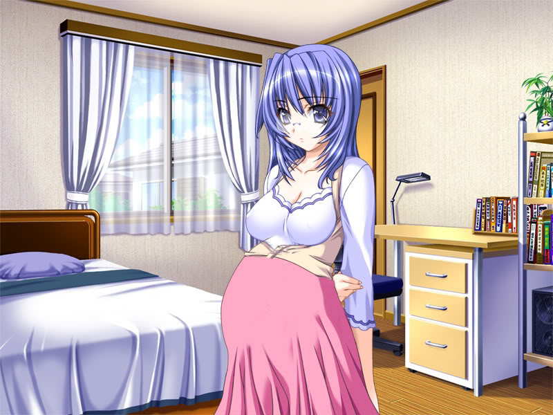 1girl arms_behind_back bed blue_eyes blue_hair cleavage_cutout desk desk_lamp doki_doki_oyako_lesson dress game_cg glasses jpeg_artifacts lamp nipples pink_dress pregnant satou_maya shirt solo sumeragi_kohaku white_shirt window