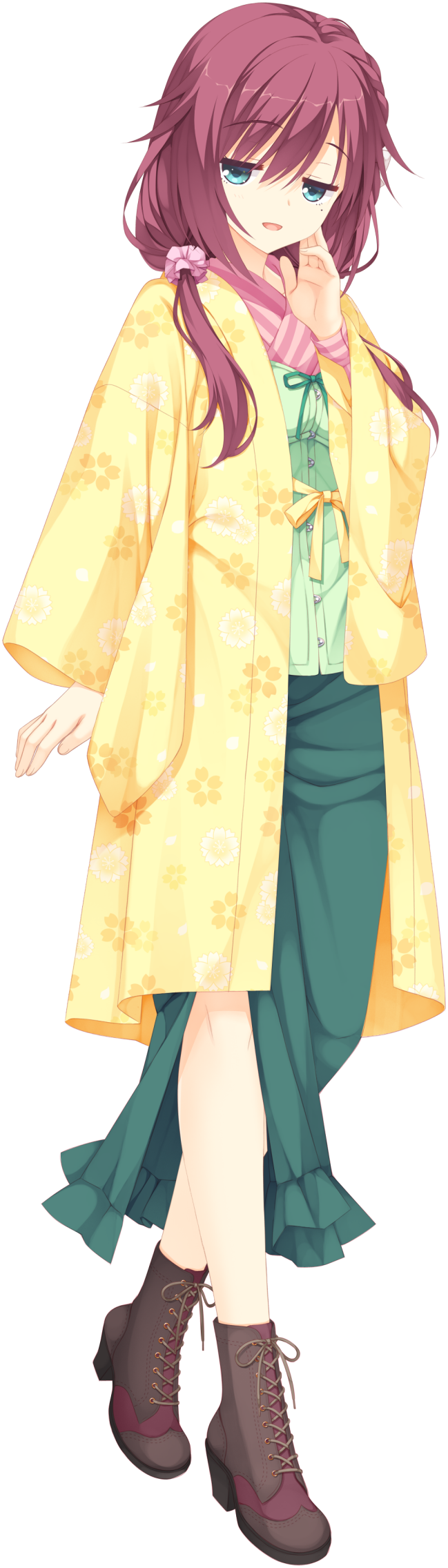 1girl aqua_eyes boots eyebrows_visible_through_hair floral_print full_body hair_over_shoulder hand_on_own_face high_heels highres jitome long_hair long_sleeves maniwa_roka muririn open_clothes open_mouth open_robe red_eyes robe senren_banka side_slit skirt solo transparent_background twintails