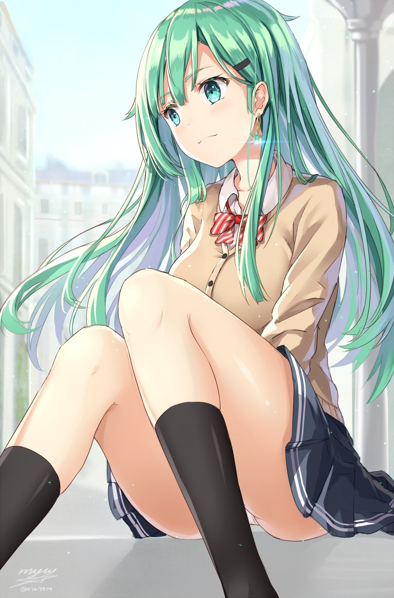 1girl aqua_eyes aqua_hair bangs black_legwear black_skirt blazer blue_sky blush bow bowtie breasts brown_jacket building buttons city closed_mouth collarbone collared_shirt commentary_request day earrings glint head_tilt highres jacket jewelry kantai_collection kneehighs knees_together_feet_apart long_hair long_sleeves looking_to_the_side medium_breasts outdoors panties pantyshot pantyshot_(sitting) pillar pleated_skirt reflective_eyes rin_yuu school_uniform shiny shiny_skin shirt signature sitting skirt sky smile solo star star_earrings striped striped_bow striped_bowtie suzuya_(kantai_collection) tareme thighs twitter_username underwear upskirt very_long_hair wing_collar