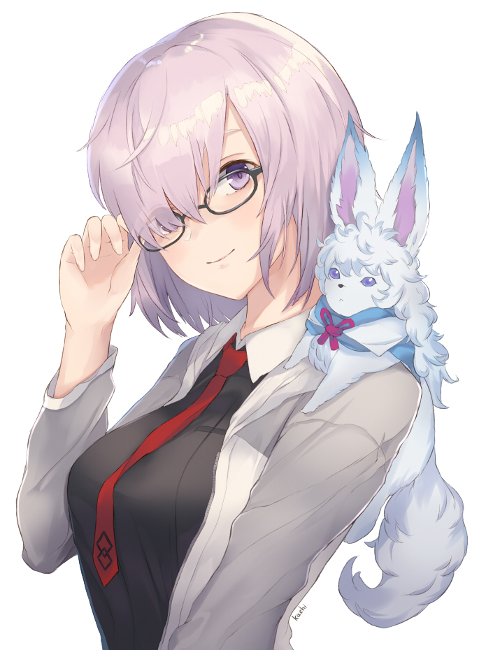 1girl adjusting_glasses black_dress breasts creature dress fate/grand_order fate_(series) fou_(fate/grand_order) glasses hair_over_one_eye kachiino large_breasts looking_at_viewer necktie purple_hair shielder_(fate/grand_order) short_hair simple_background smile upper_body violet_eyes white_background