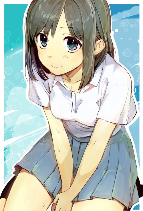 1girl artist_name black_hair black_legwear blouse blue_eyes blue_skirt collared_blouse commentary_request eyebrows_visible_through_hair kawai_makoto kneehighs looking_at_viewer pleated_skirt shiny shiny_hair short_hair short_sleeves skirt smile solo sweat v_arms white_blouse wing_collar