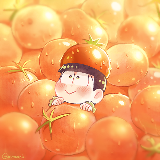 1boy :&gt; artist_name bangs black_hair blunt_bangs blurry blush bowl_cut chibi closed_mouth depth_of_field food green_eyes hat in_food male_focus matsuno_choromatsu meoon miniboy object_on_head osomatsu-kun osomatsu-san red red_hat solo tomato twitter_username wet