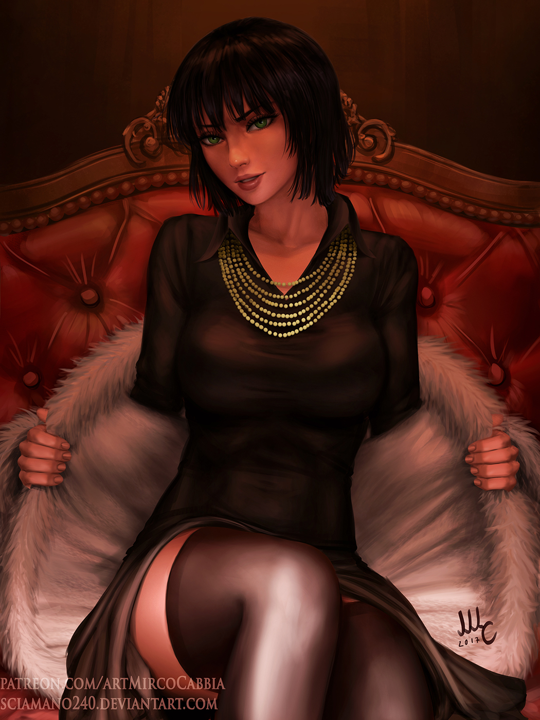1girl 2017 artist_name bangs black_hair black_legwear black_shirt breasts coat collared_shirt deviantart_username fingernails fubuki_(one-punch_man) fur_coat green_eyes head_tilt highres jewelry large_breasts lips long_sleeves looking_at_viewer mirco_cabbia necklace nose on_chair one-punch_man open_clothes open_coat open_mouth parted_lips patreon_username shiny shiny_clothes shirt short_hair signature sitting solo thigh-highs watermark web_address wing_collar zettai_ryouiki