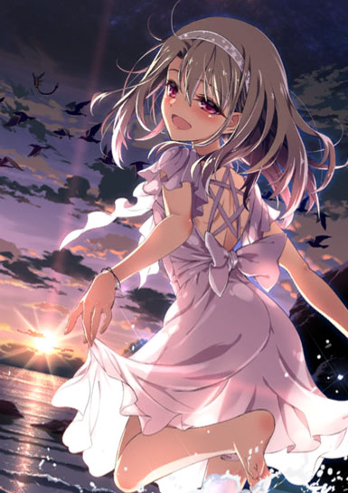 1girl ass bare_back barefoot bow brown_hair dress fate/grand_order fate/kaleid_liner_prisma_illya fate/stay_night fate_(series) feet hair_bow hairband illyasviel_von_einzbern long_hair looking_back one_leg_raised open-back_dress open_mouth outdoors red_eyes see-through_silhouette skirt_hold solo sundress sunset water white_dress