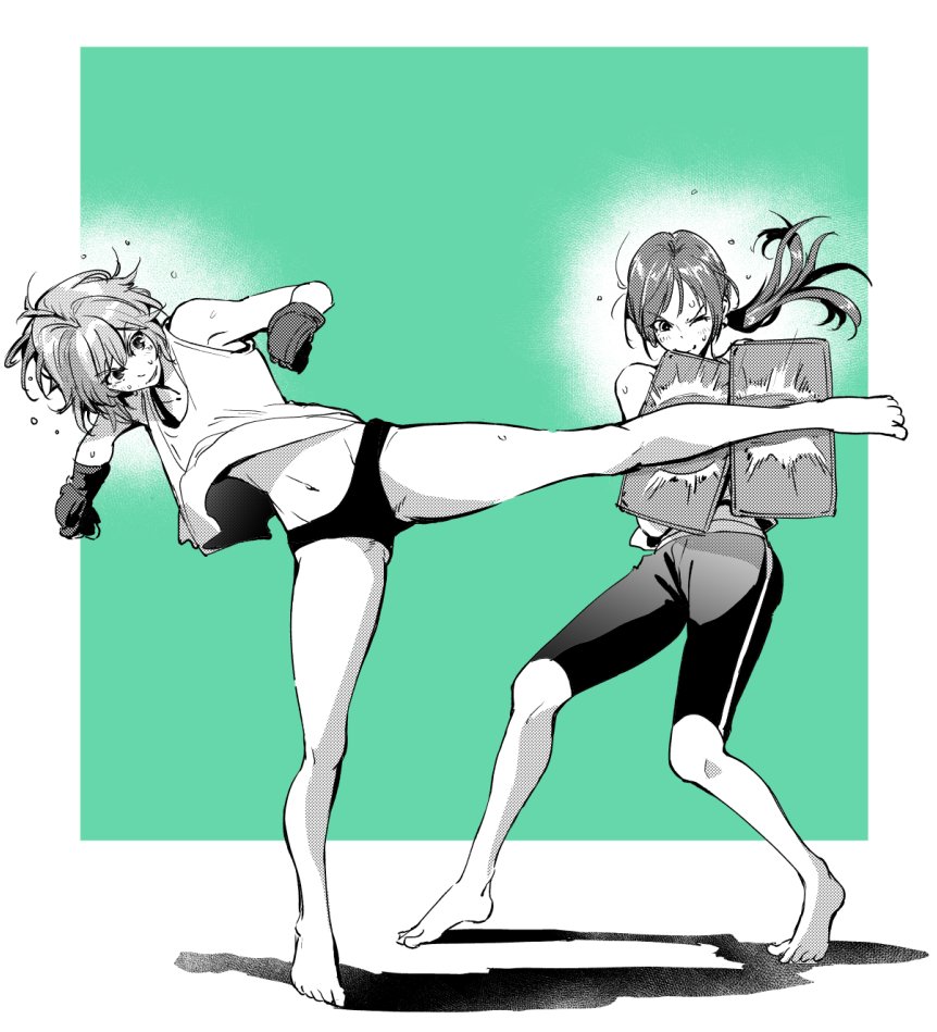 2girls anastasia_(idolmaster) barefoot bonkara_(sokuseki_maou) gloves idolmaster idolmaster_cinderella_girls kicking midriff_peek monochrome multiple_girls nitta_minami ponytail short_hair simple_background