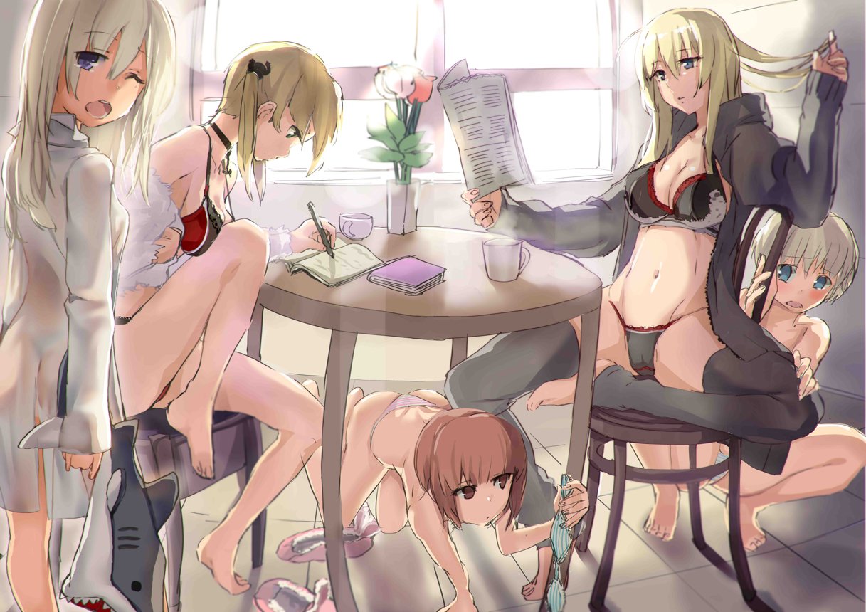 5girls adapted_costume all_fours alternate_costume armadillo-tokage ass backlighting bare_legs barefoot bismarck_(kantai_collection) black_bra black_jacket black_legwear black_panties black_ribbon blonde_hair blue_eyes blush bra breasts brown_eyes brown_hair chair cleavage coffee_mug collarbone cup day eyebrows_visible_through_hair feet_on_chair flower frilled_bra frills full_body fur green_panties hair_between_eyes hair_ribbon hand_in_hair holding holding_bra indoors jacket jitome kantai_collection kitchen long_hair looking_at_viewer medium_breasts midriff multiple_girls navel newspaper no_headwear one_eye_closed open_clothes open_jacket open_mouth open_shirt panties parted_lips pencil pink_panties plant prinz_eugen_(kantai_collection) profile reading red_panties ribbon shark shawl shirt sitting sleepy slippers slippers_removed squatting standing stomach strap_gap striped striped_panties sunlight table teacup thigh-highs tile_floor tiles toeless_legwear topless toy tulip twintails u-511_(kantai_collection) under_table underwear underwear_only vase violet_eyes white_panties writing yawning z1_leberecht_maass_(kantai_collection) z3_max_schultz_(kantai_collection)