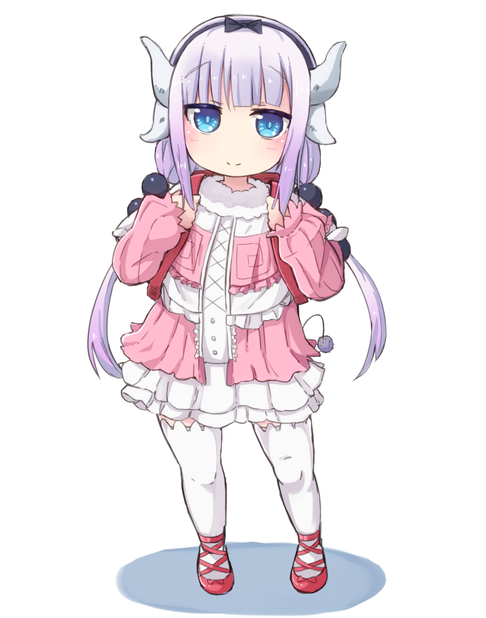 1girl backpack bag blue_eyes blush capelet closed_mouth dragon_girl dragon_horns dragon_tail eyebrows_visible_through_hair full_body hairband head_tilt horns kanna_kamui kobayashi-san_chi_no_maidragon lavender_hair long_hair looking_at_viewer low_twintails okota_mikan randoseru red_shoes shadow shoes simple_background skirt sleeves_past_wrists smile solo tail thigh-highs twintails very_long_hair white_background zettai_ryouiki