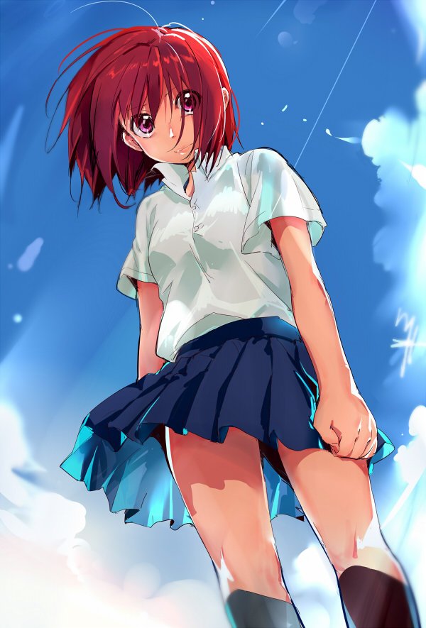 1girl ahoge arms_at_sides black_legwear blouse blue_skirt blue_sky clenched_hand collared_blouse commentary_request day from_below kawai_makoto kneehighs looking_at_viewer original outdoors pleated_skirt short_hair short_sleeves skirt sky solo standing sunlight violet_eyes white_blouse wind wind_lift
