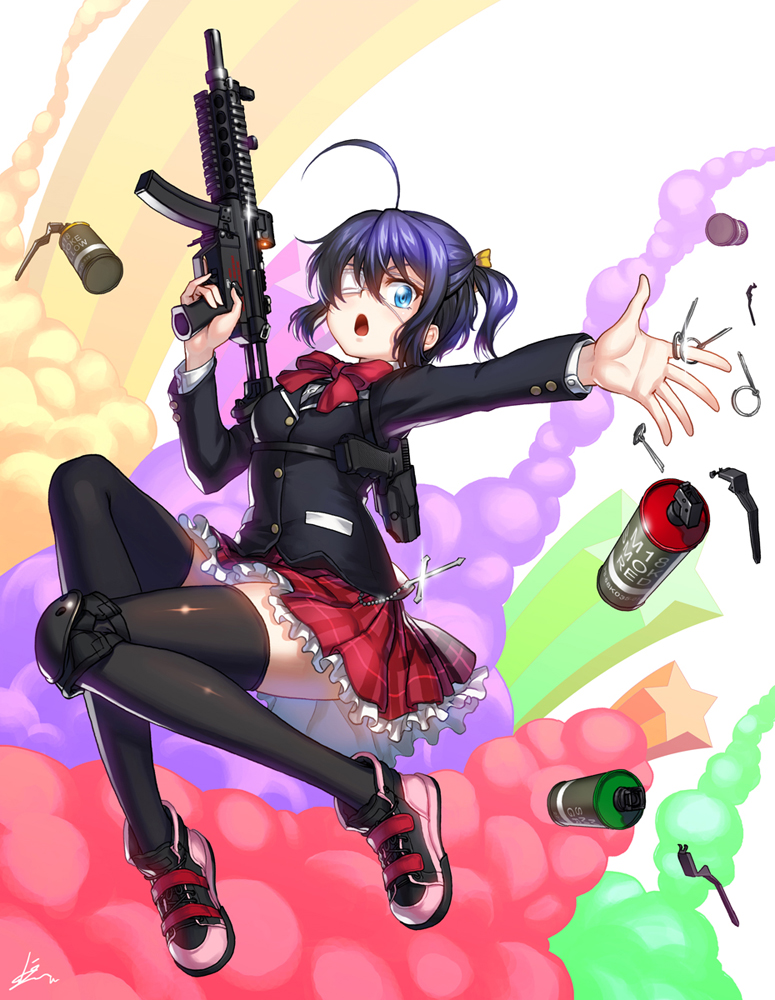 1girl :o ahoge armpit_holster black_jacket black_legwear black_shoes blazer blue_eyes blue_hair bow bowtie breasts buttons chuunibyou_demo_koi_ga_shitai! cross explosive eyepatch frilled_skirt frills glint grenade_pin gun h&amp;k_mp5 hair_bow handgun heckler_&amp;_koch holding holding_weapon holster jacket knee_up kneepits kws long_sleeves looking_at_viewer one_eye_covered open_hand open_mouth outstretched_arm palms plaid plaid_skirt pocket red_bow red_bowtie red_skirt school_uniform shiny shiny_clothes shoes side_ponytail sidelocks signature skirt small_breasts smoke sneakers solo spread_fingers star submachine_gun takanashi_rikka thigh-highs trigger_discipline weapon white_background yellow_bow